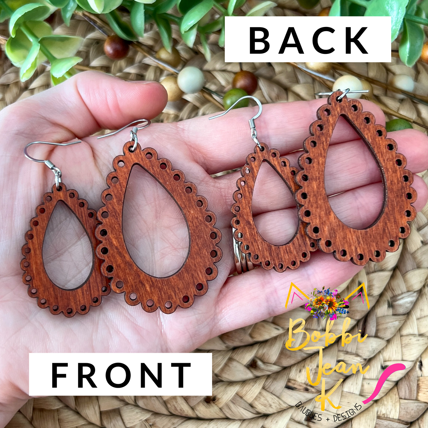 "Lace" Cider Dyed Wood Teardrop Earrings