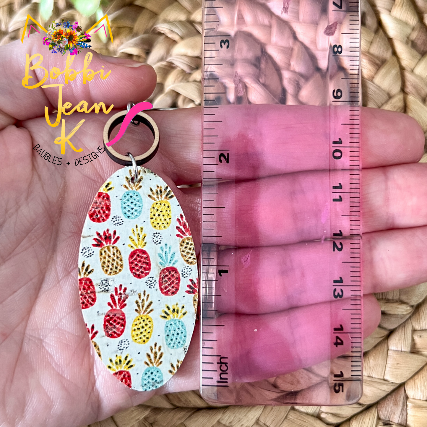 Pineapple Oval Drop Cork on Leather Earrings - LAST CHANCE