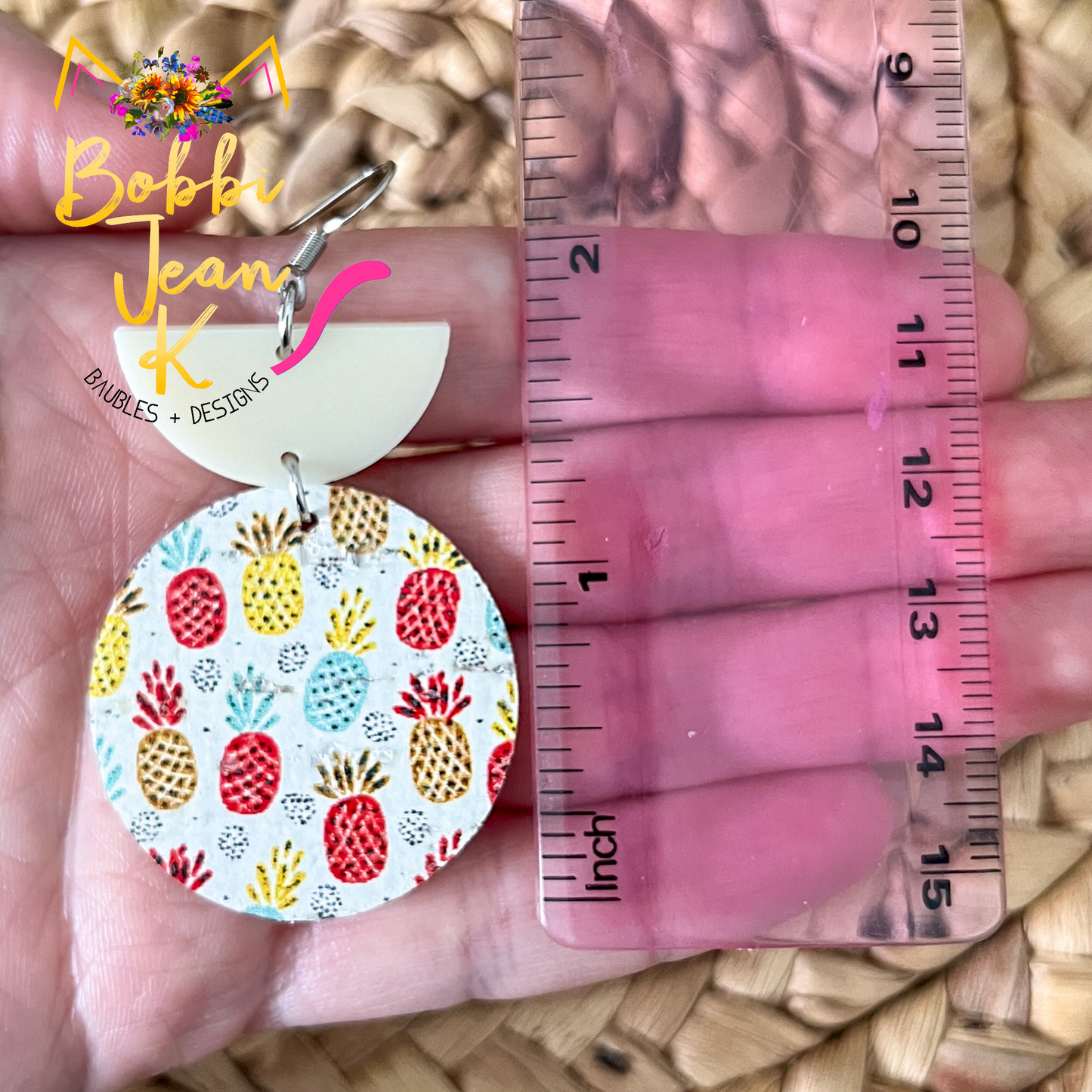 Pineapple Circle Drop Cork on Leather Earrings - ONLY 2 LEFT