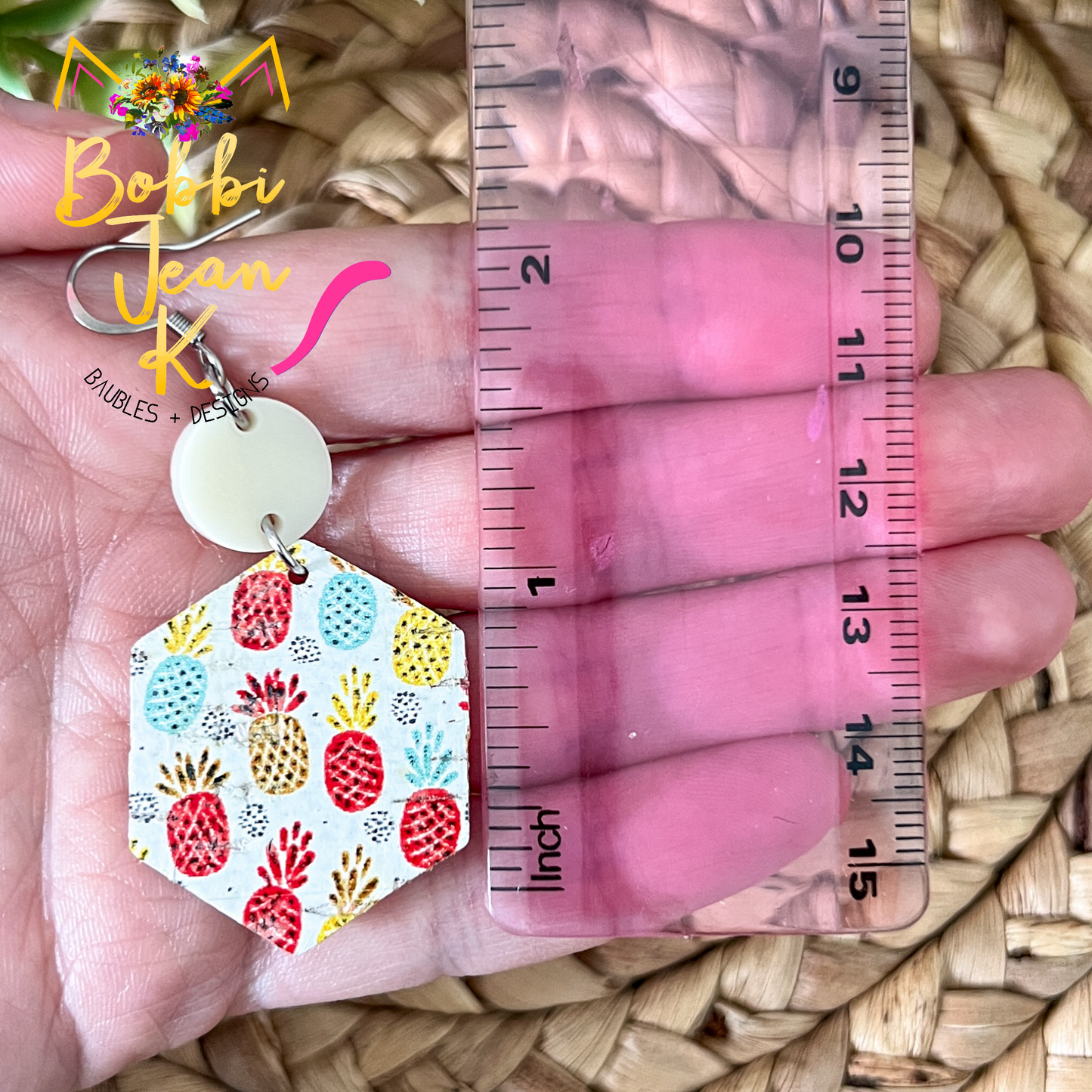 Pineapple Hexagon Cork on Leather Earrings - ONLY 2 LEFT