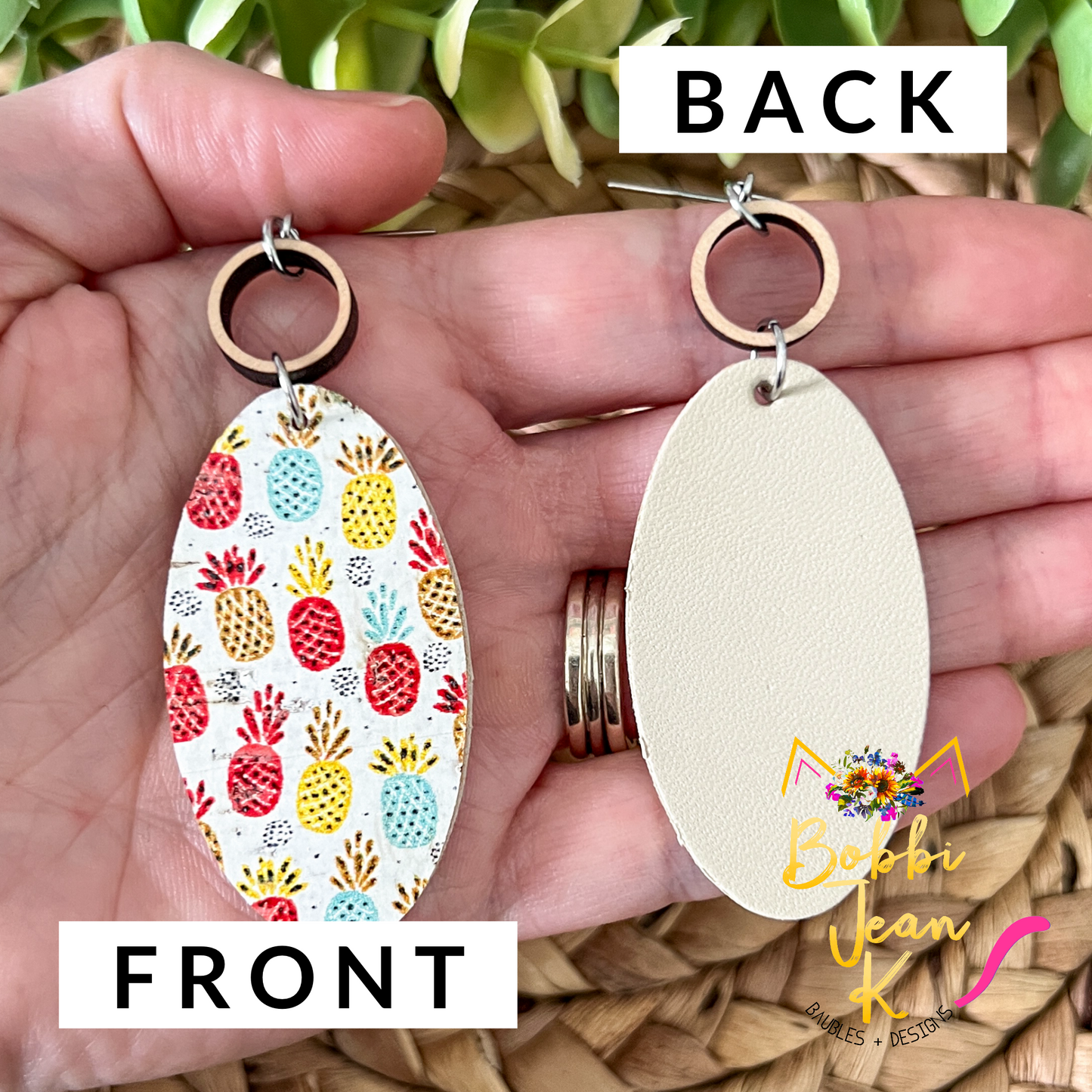 Pineapple Oval Drop Cork on Leather Earrings - LAST CHANCE