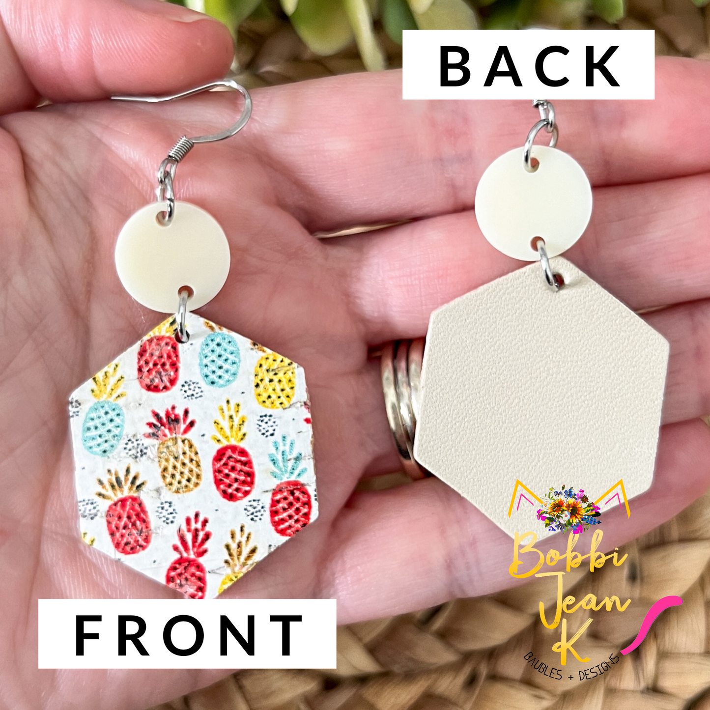 Pineapple Hexagon Cork on Leather Earrings - ONLY 2 LEFT