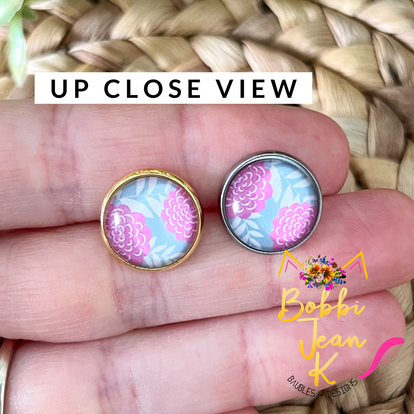 SALE: Pink & Gray Floral Glass Studs 12mm: Choose Silver or Gold Settings - LAST CHANCE