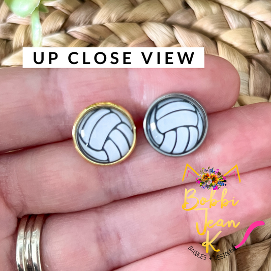 SALE: Volleyball Glass Studs 12mm: Choose Silver or Gold Settings - LAST CHANCE