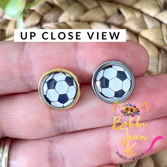 SALE: Soccer Ball (Style 1) Glass Studs 12mm: Choose Silver or Gold Settings - ONLY ONE LEFT