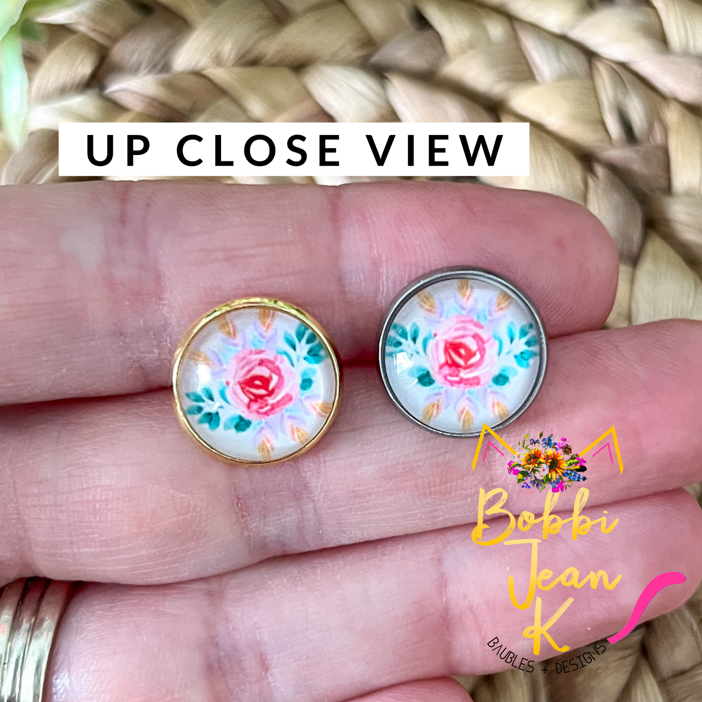 SALE: Petite Rose Glass Studs 12mm: Choose Silver or Gold Settings - LAST CHANCE