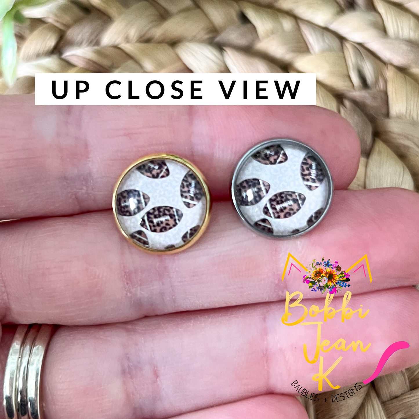 SALE: Leopard Football Glass Studs 12mm: Choose Silver or Gold Settings - LAST CHANCE