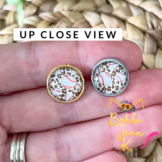 SALE: Leopard Baseball Glass Studs 12mm: Choose Silver or Gold Settings - LAST CHANCE