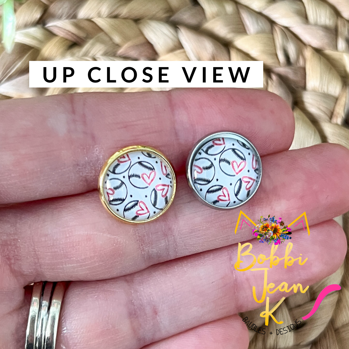 SALE: Baseball Heart Glass Studs 12mm: Choose Silver or Gold Settings - LAST CHANCE
