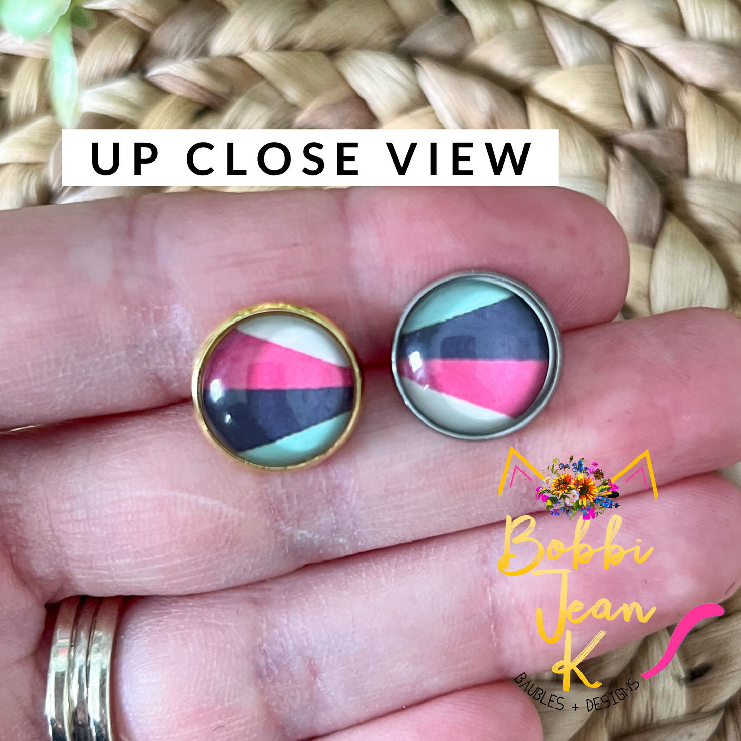 SALE: Abstract Stripes Glass Studs 12mm: Choose Silver or Gold Settings - ONLY 2 LEFT
