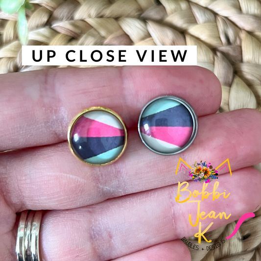 SALE: Abstract Stripes Glass Studs 12mm: Choose Silver or Gold Settings - ONLY 2 LEFT