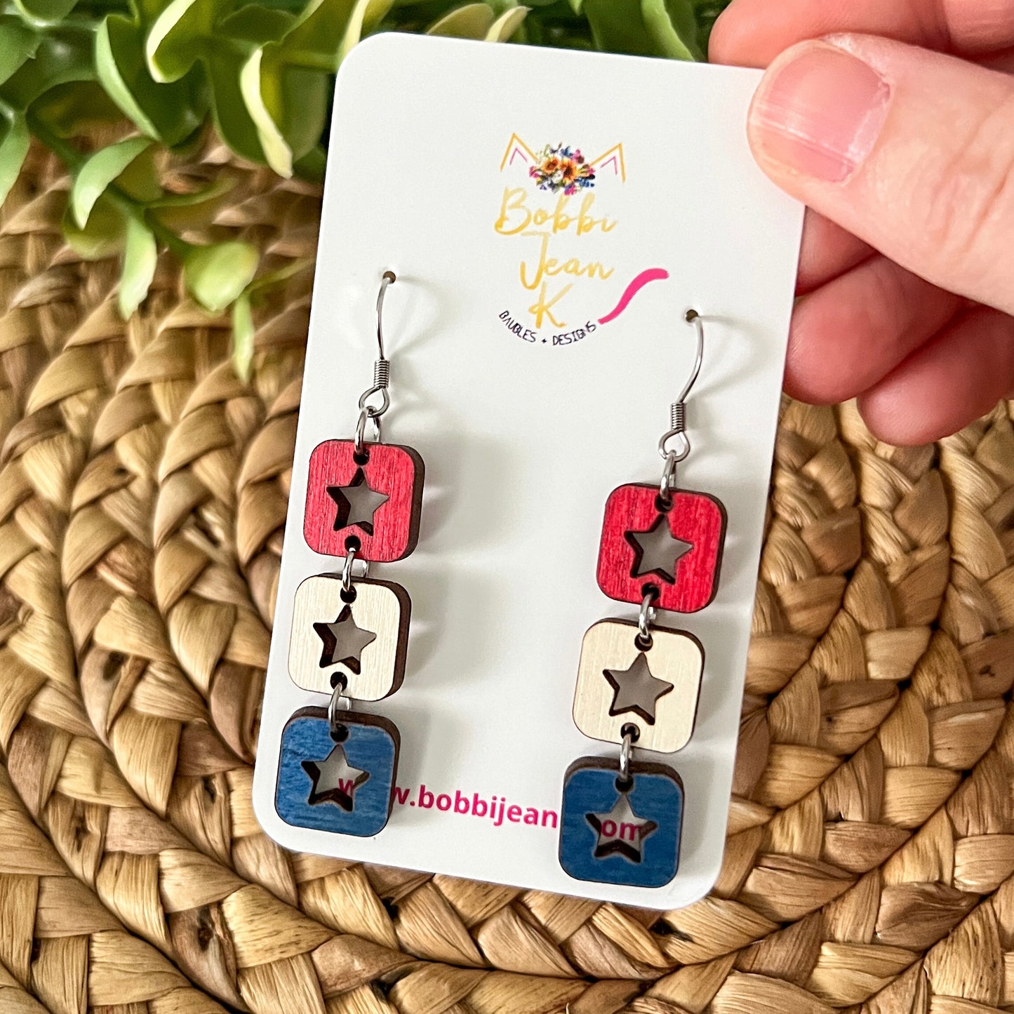 Square Star Trio Dyed Wood Earrings