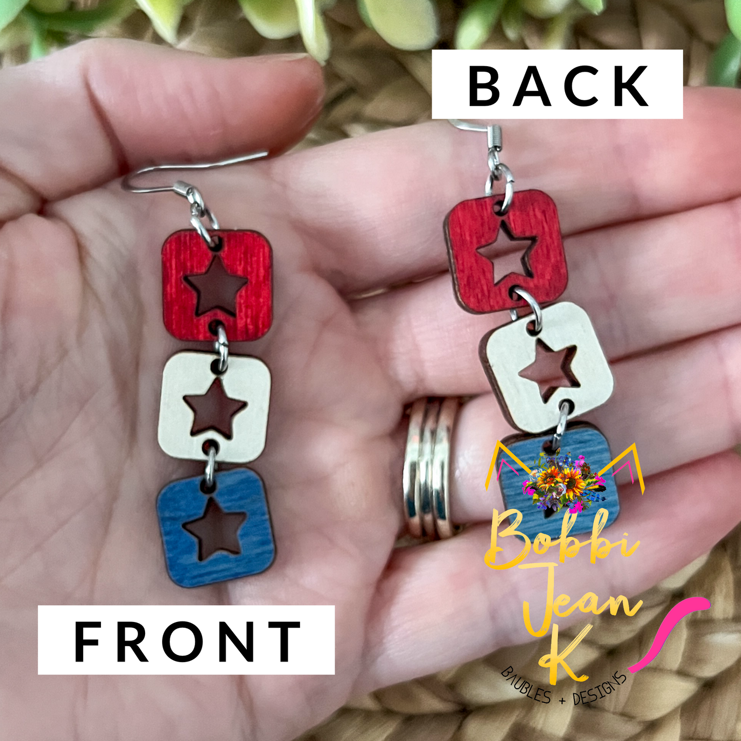Square Star Trio Dyed Wood Earrings