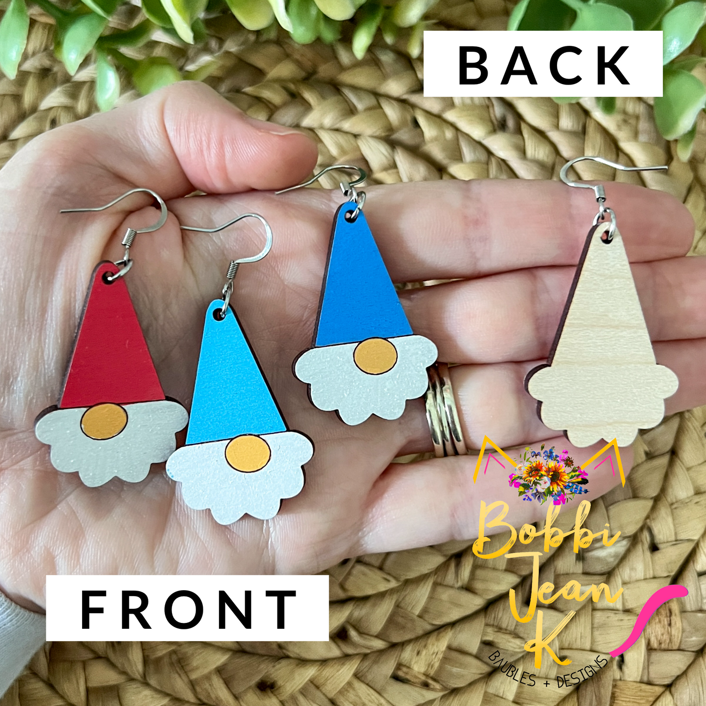 Hand Painted Gnome Wood Earrings: Choose from 2 Color Options