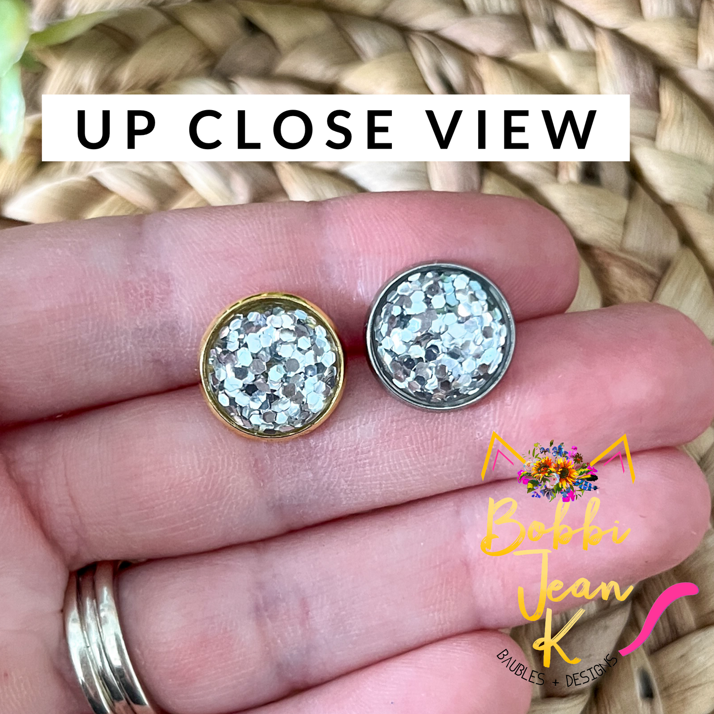 SALE: Silver Glitter Studs 12mm: Choose Silver or Gold Settings - LAST CHANCE