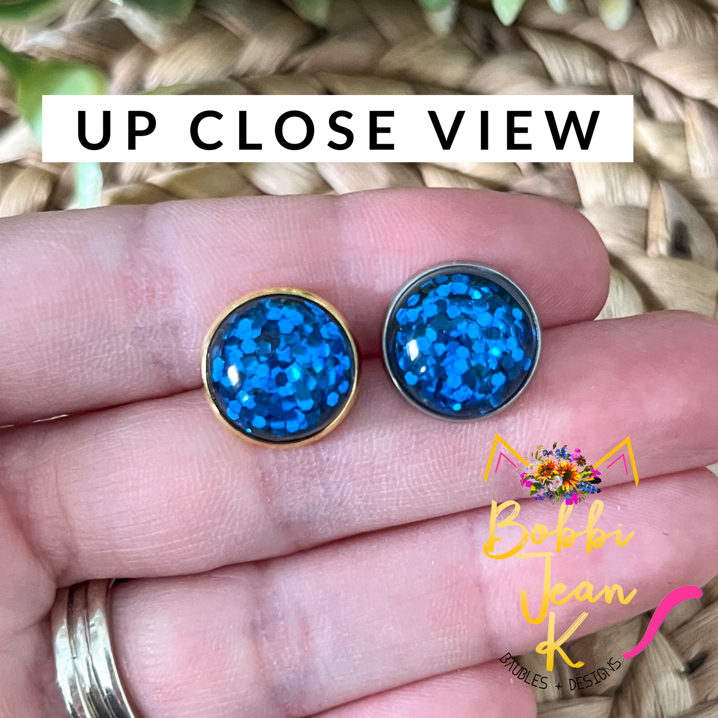 SALE: Blue Glitter Studs 12mm: Choose Silver or Gold Settings - ONLY ONE LEFT