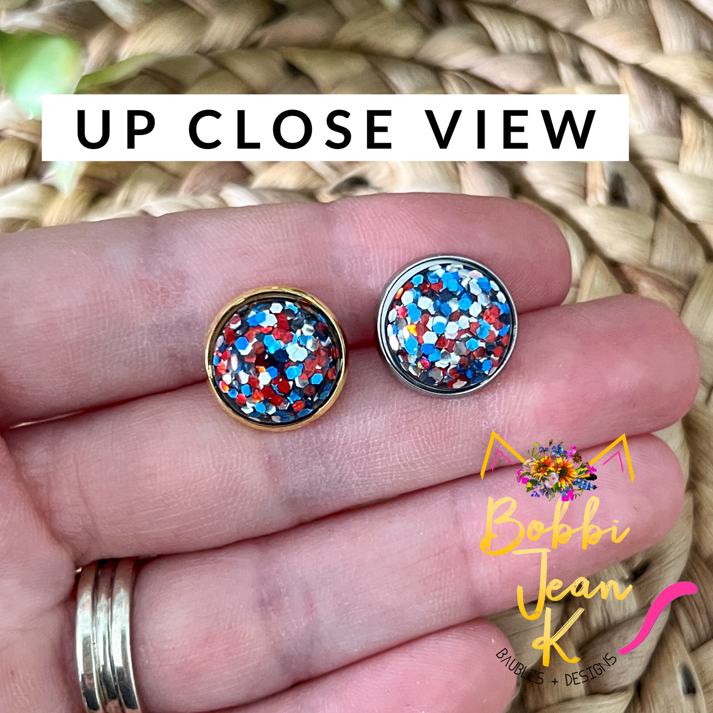 SALE: Red/Blue/Silver Glitter Studs 12mm: Choose Silver or Gold Settings - LAST CHANCE