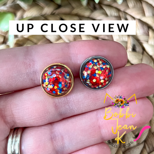 SALE: Red/Blue/Gold Glitter Studs 12mm: Choose Silver or Gold Settings - LAST CHANCE