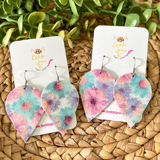 Infused Glitter Floral Printed Inverted Teardrop Leather Earrings - ONLY PAIR B LEFT