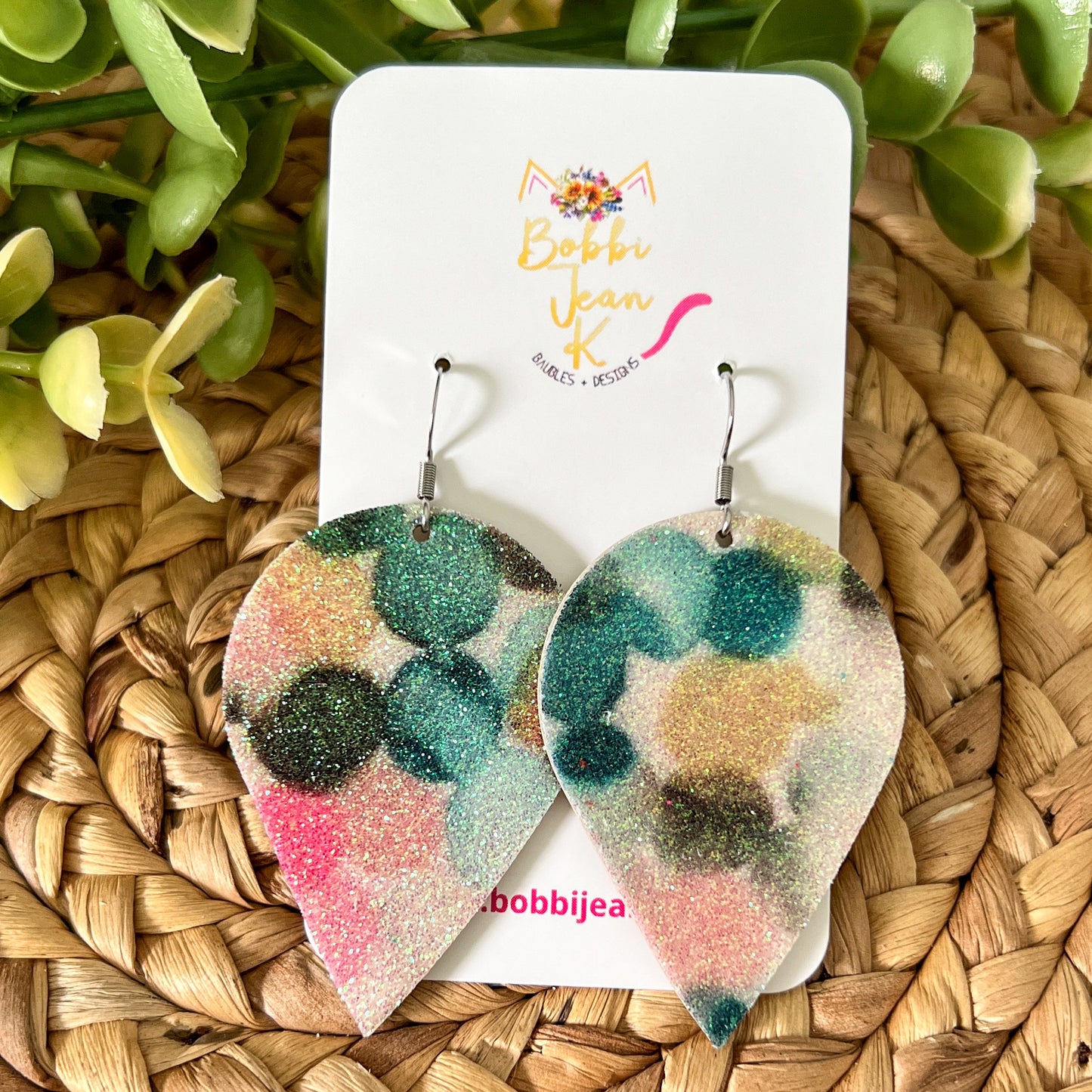 Infused Glitter Pink & Green Inverted Teardrop Leather Earrings - LAST CHANCE