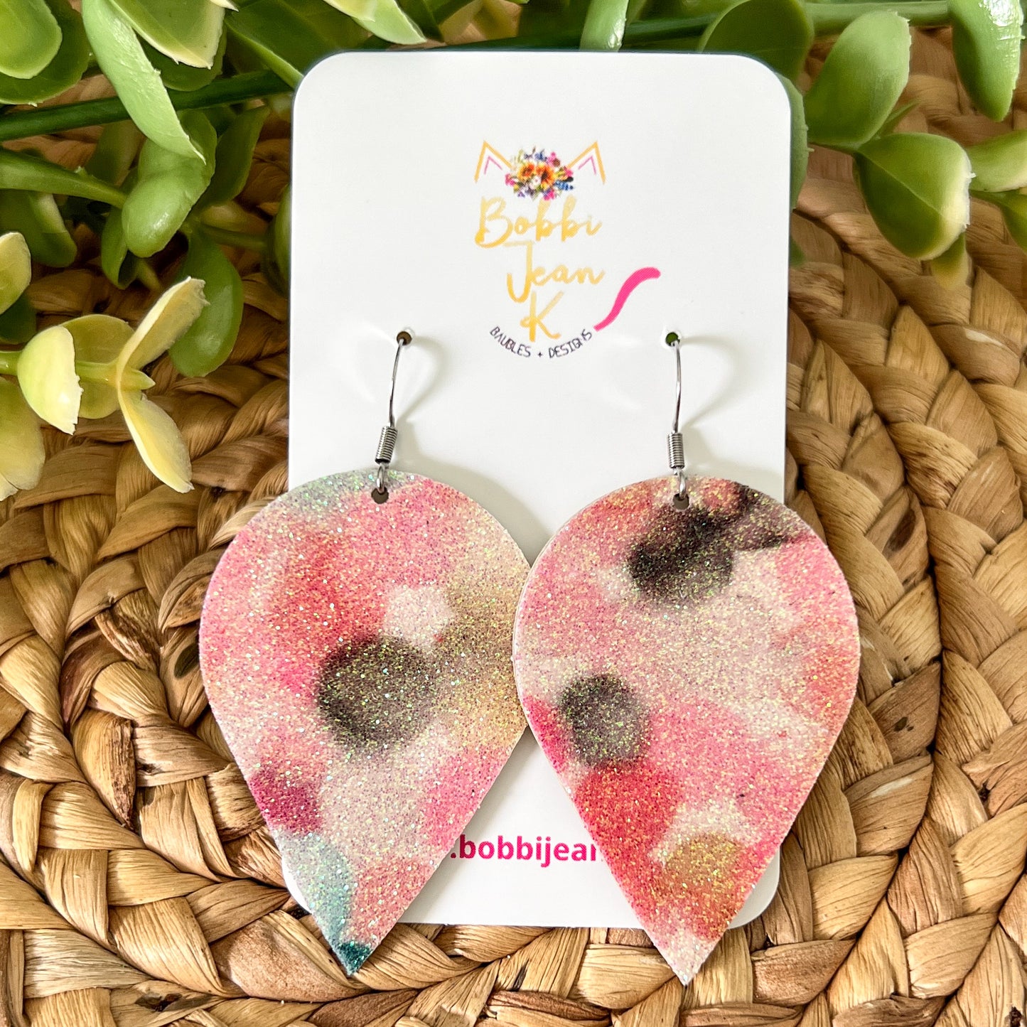 SALE: Infused Glitter Pink & Green Inverted Teardrop Leather Earrings - ONLY ONE LEFT