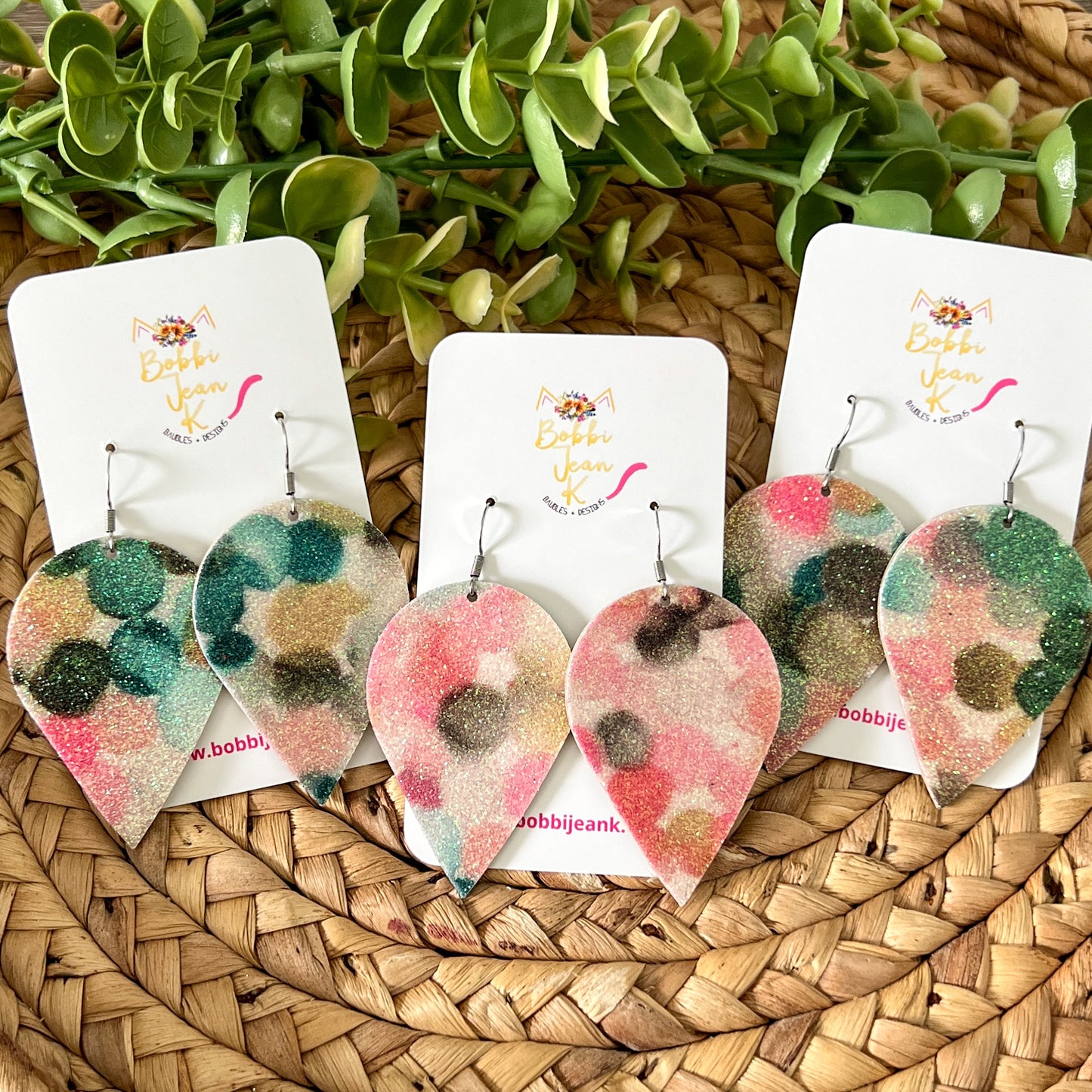 Infused Glitter Pink & Green Inverted Teardrop Leather Earrings - LAST CHANCE