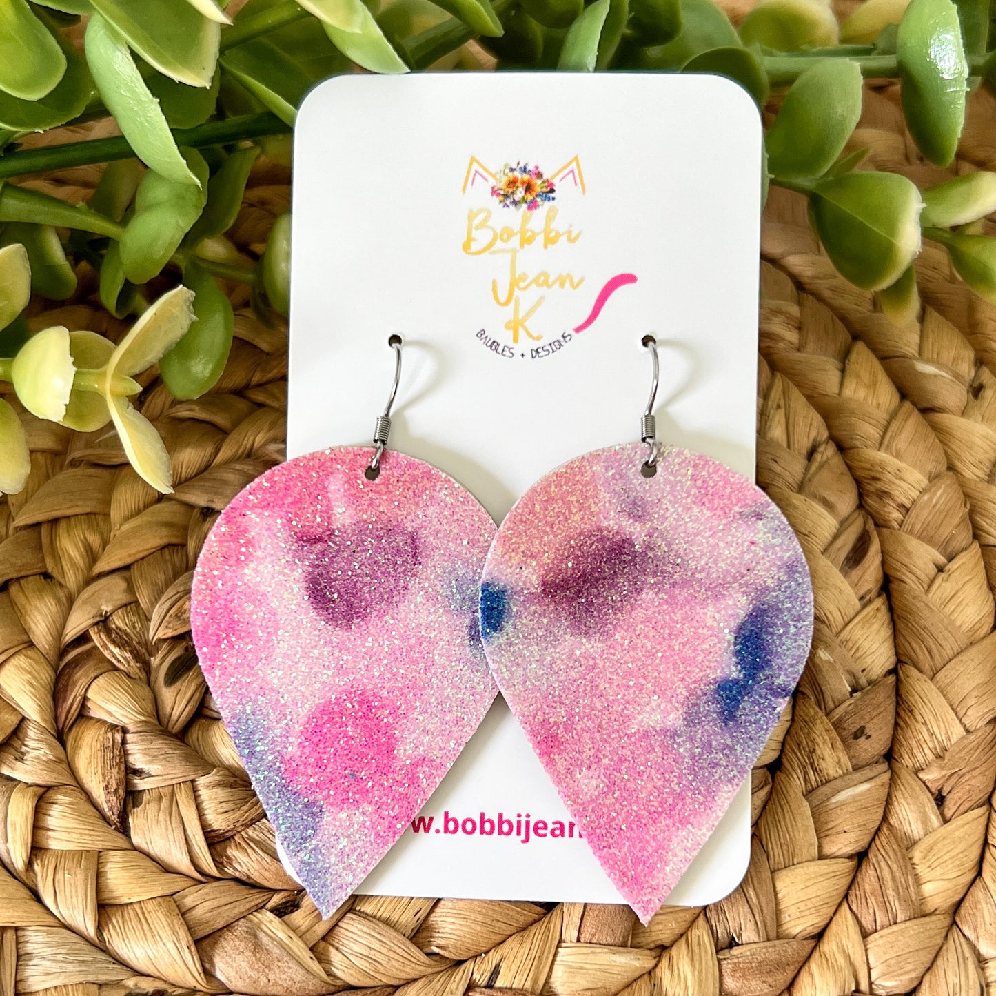 Infused Glitter Pink & Purple Inverted Teardrop Leather Earrings - LAST CHANCE