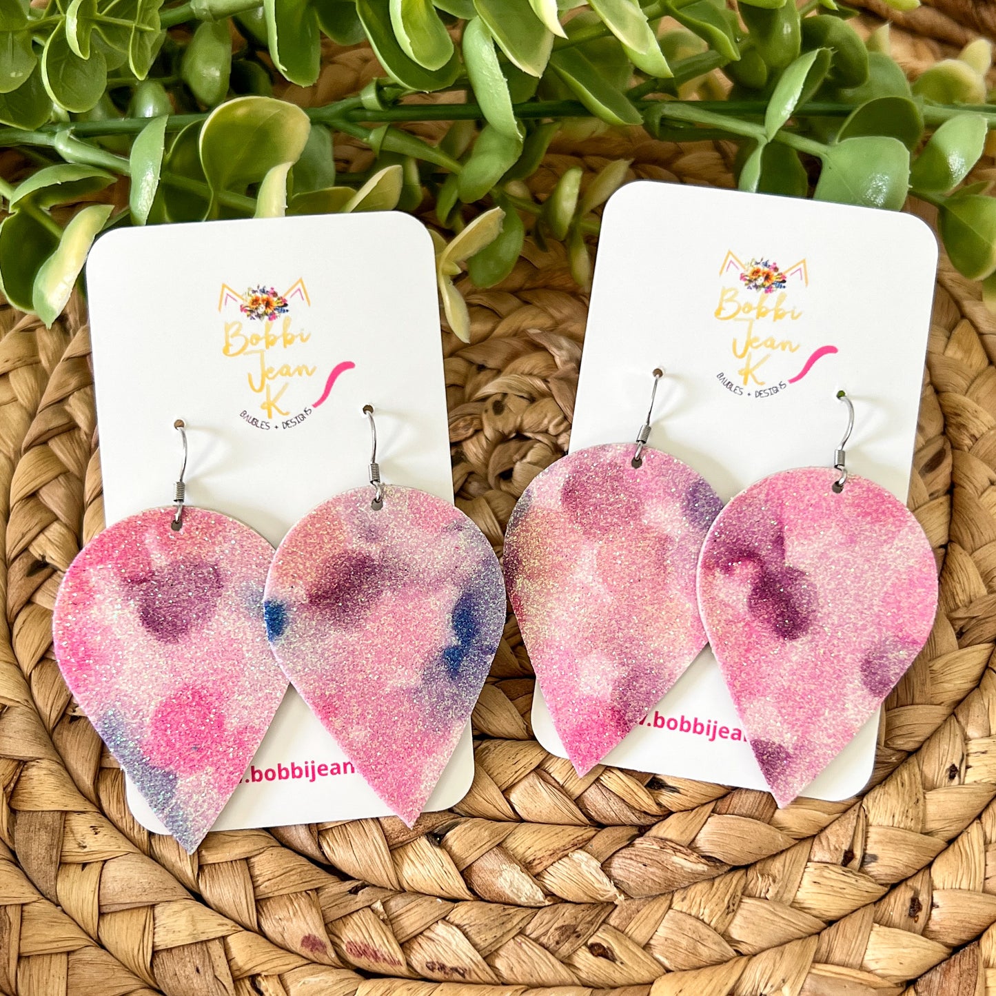 Infused Glitter Pink & Purple Inverted Teardrop Leather Earrings - LAST CHANCE