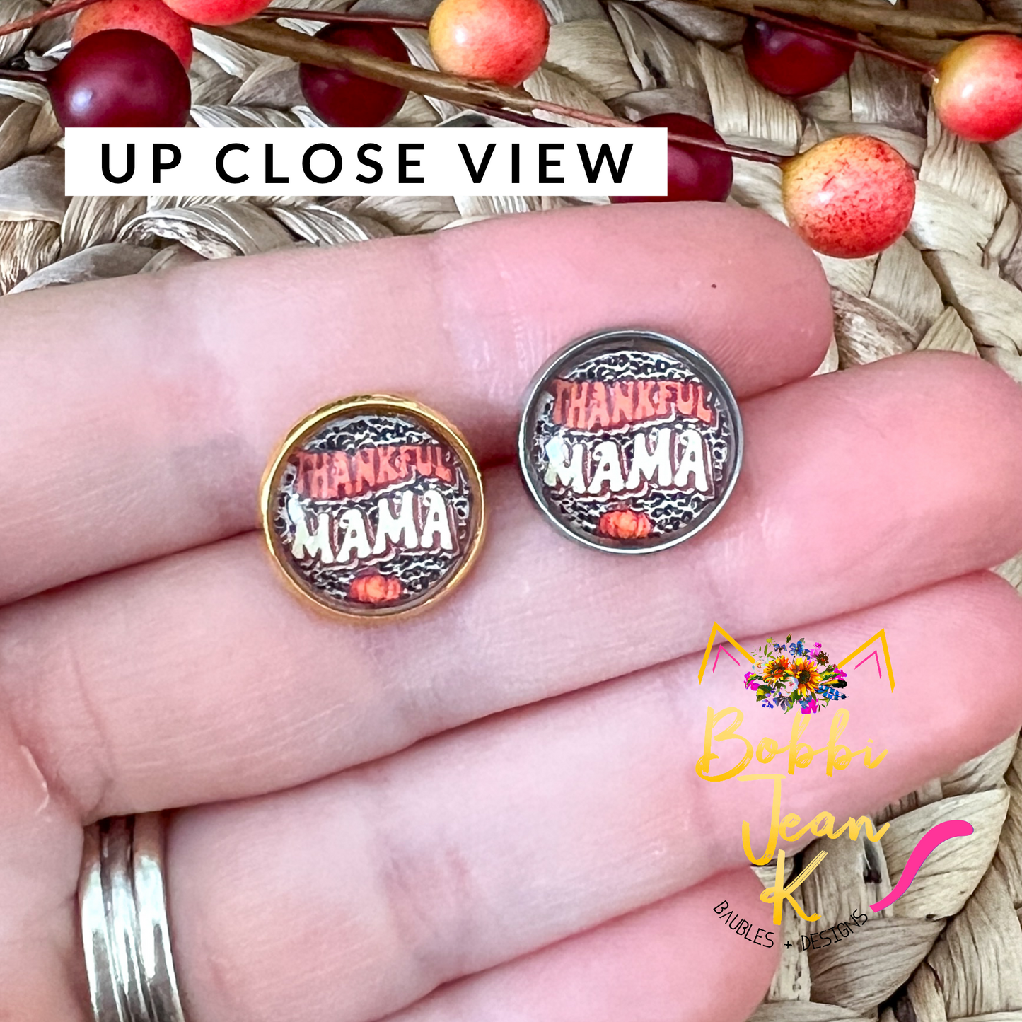 SALE: Thankful Mama Glass Studs 12mm: Choose Silver or Gold Settings - LAST CHANCE