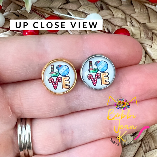 Holiday Love Glass Studs 12mm: OPEN ITEM TO CHOOSE SILVER OR GOLD SETTINGS
