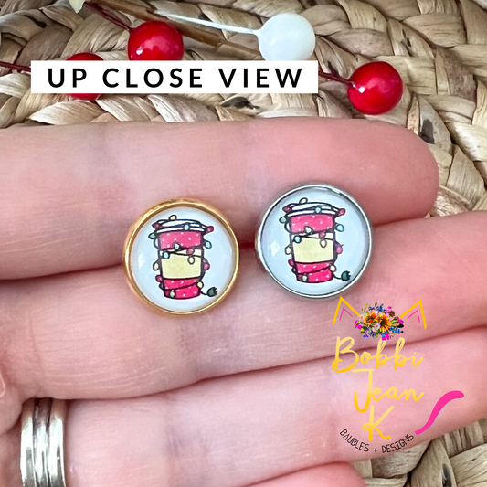 Christmas Light Coffee Cup Glass Studs 12mm: OPEN ITEM TO CHOOSE SILVER OR GOLD SETTINGS