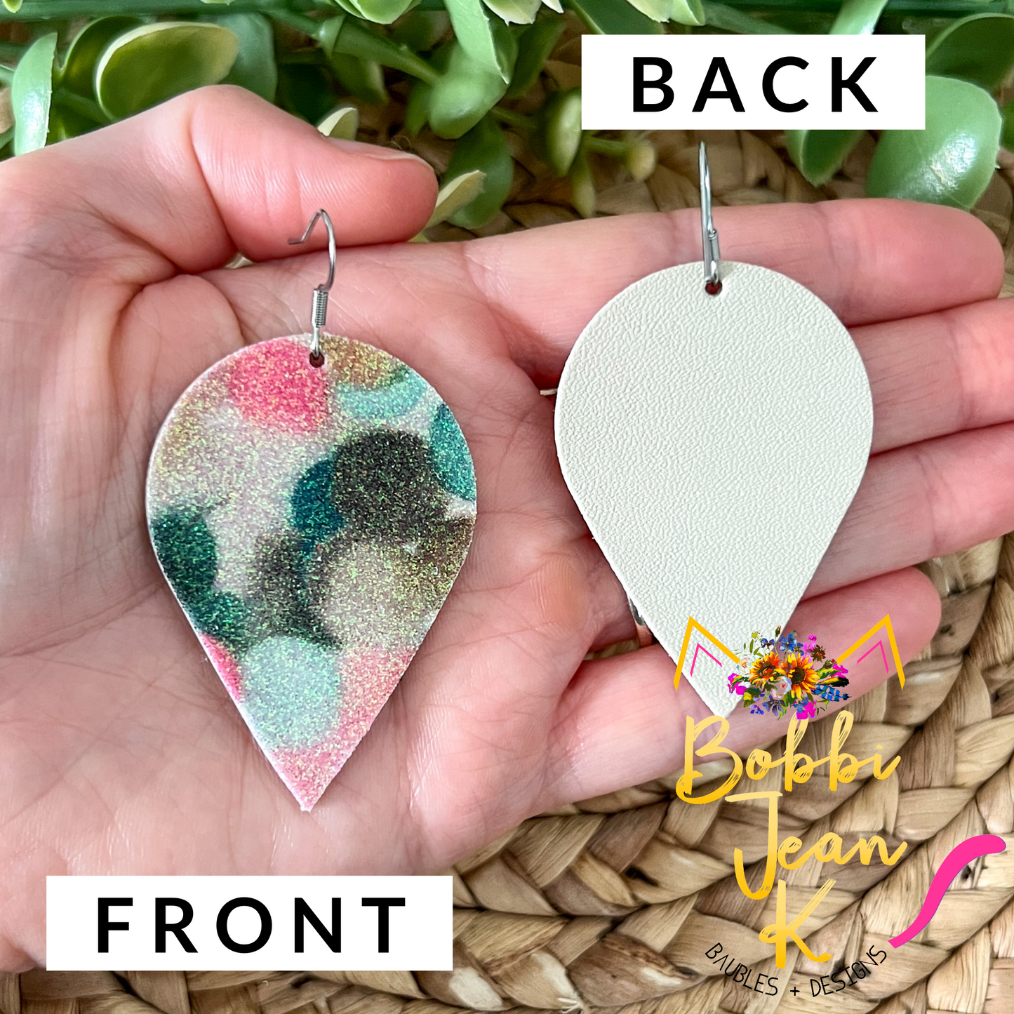 SALE: Infused Glitter Pink & Green Inverted Teardrop Leather Earrings - ONLY ONE LEFT