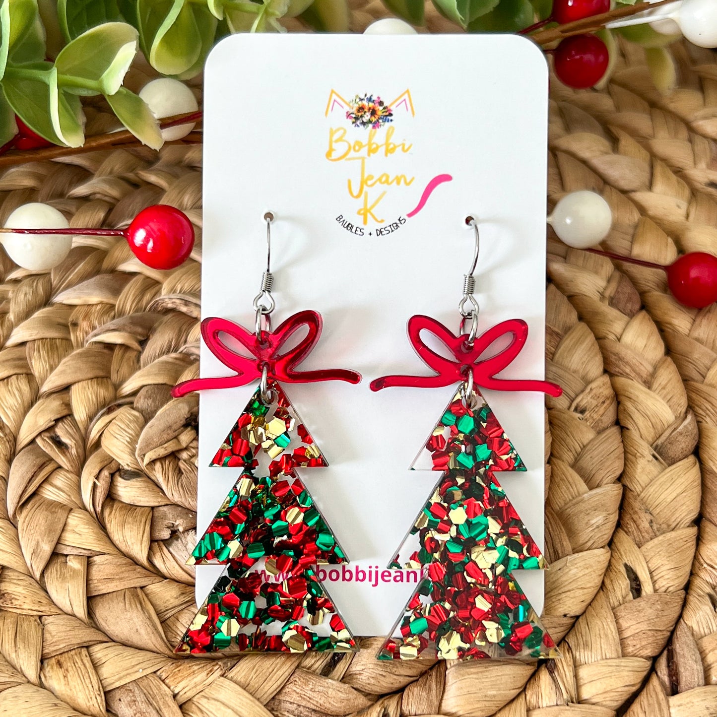Holiday Cheer Glittered Acrylic Traditional Tree Earrings: Choose from 3 Bow Color Options