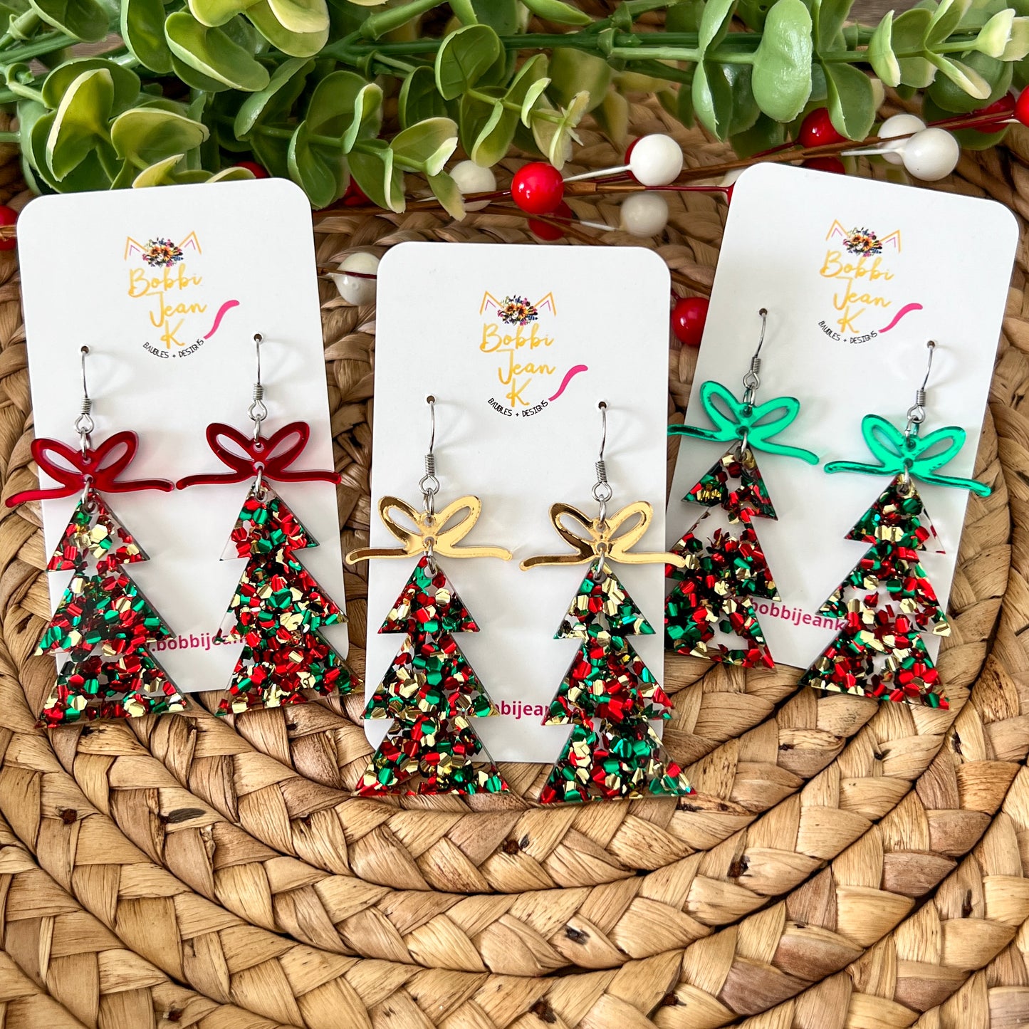 Holiday Cheer Glittered Acrylic Traditional Tree Earrings: Choose from 3 Bow Color Options