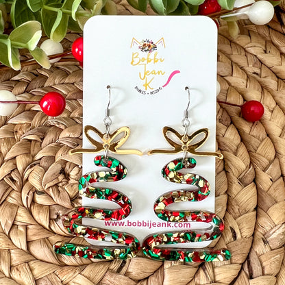 Holiday Cheer Glittered Acrylic Swirl Tree Earrings: Choose from 3 Bow Options
