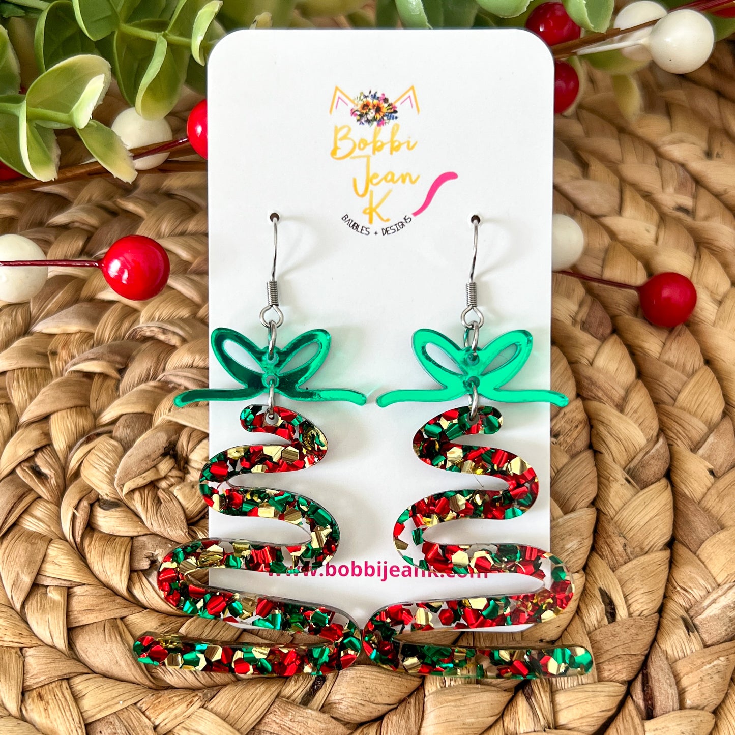 Holiday Cheer Glittered Acrylic Swirl Tree Earrings: Choose from 3 Bow Color Options