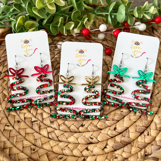 Holiday Cheer Glittered Acrylic Swirl Tree Earrings: Choose from 3 Bow Color Options