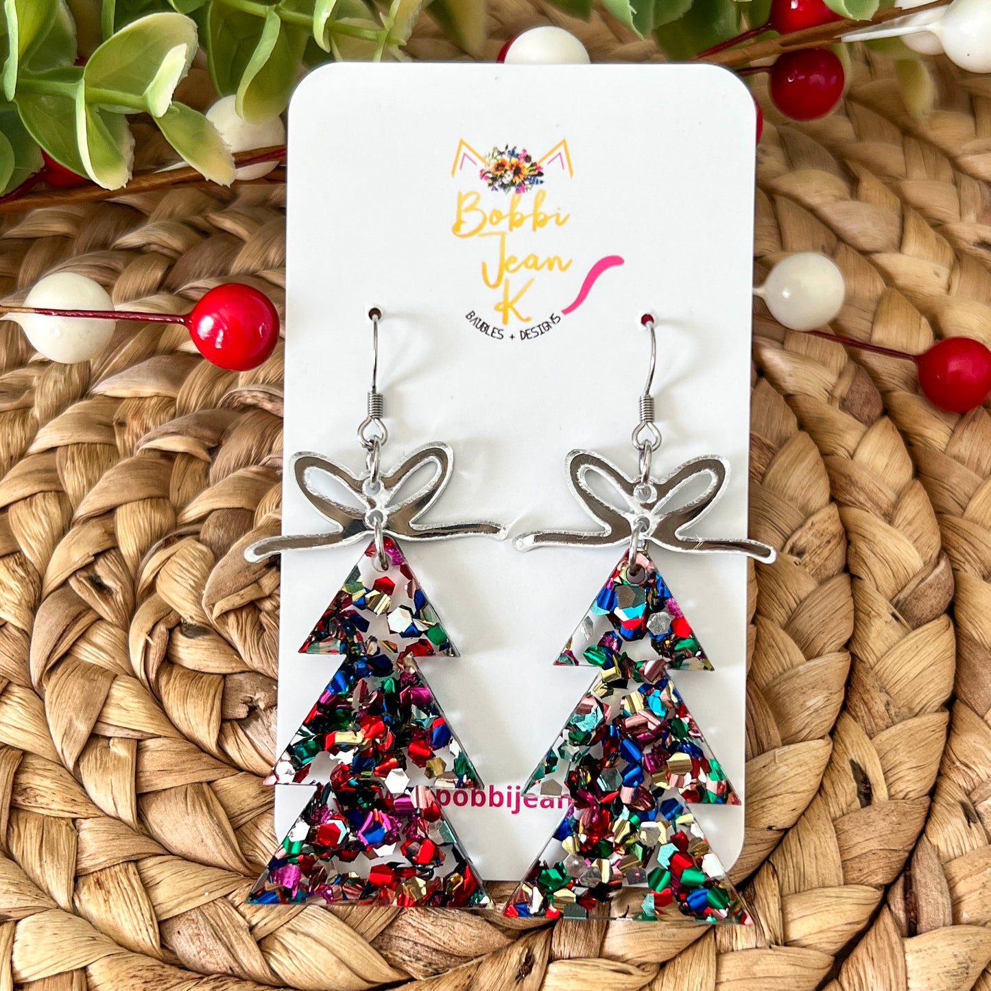 Confetti Bomb Glittered Acrylic Traditional Tree Earrings: Choose from 3 Bow Color Options - LAST CHANCE