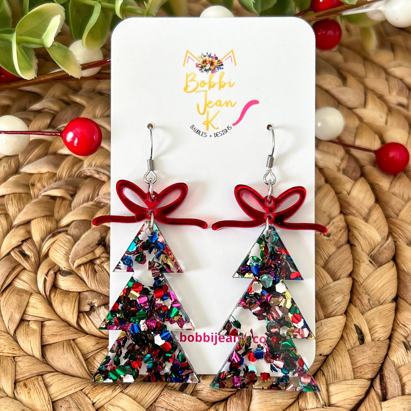 Confetti Bomb Glittered Acrylic Traditional Tree Earrings: Choose from 3 Bow Color Options - LAST CHANCE