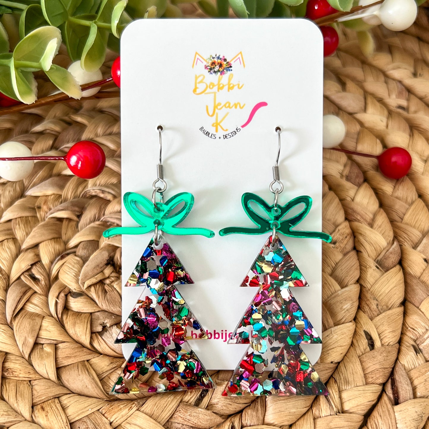 Confetti Bomb Glittered Acrylic Traditional Tree Earrings: Choose from 3 Bow Color Options - LAST CHANCE