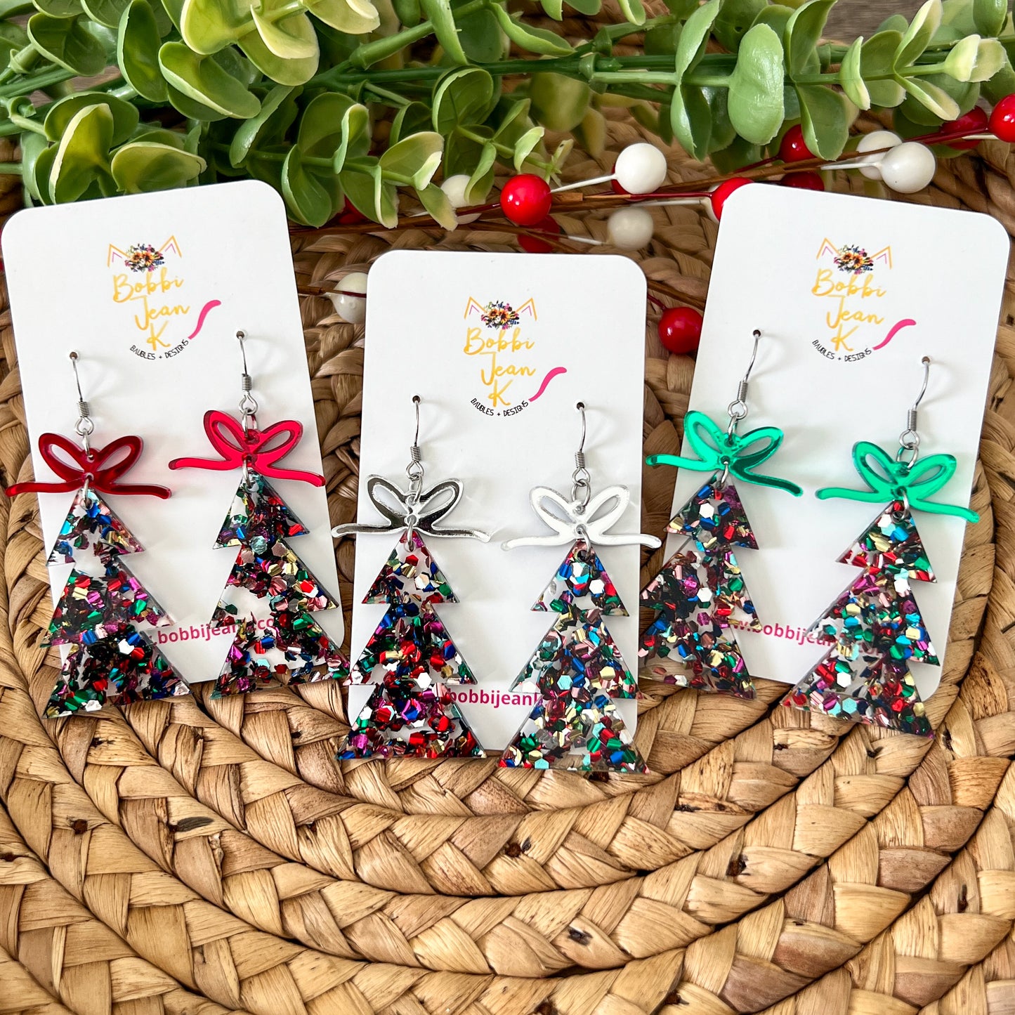 Confetti Bomb Glittered Acrylic Traditional Tree Earrings: Choose from 3 Bow Color Options - LAST CHANCE