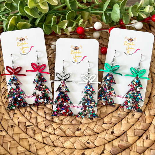 Confetti Bomb Glittered Acrylic Traditional Tree Earrings: Choose from 3 Bow Color Options - LAST CHANCE