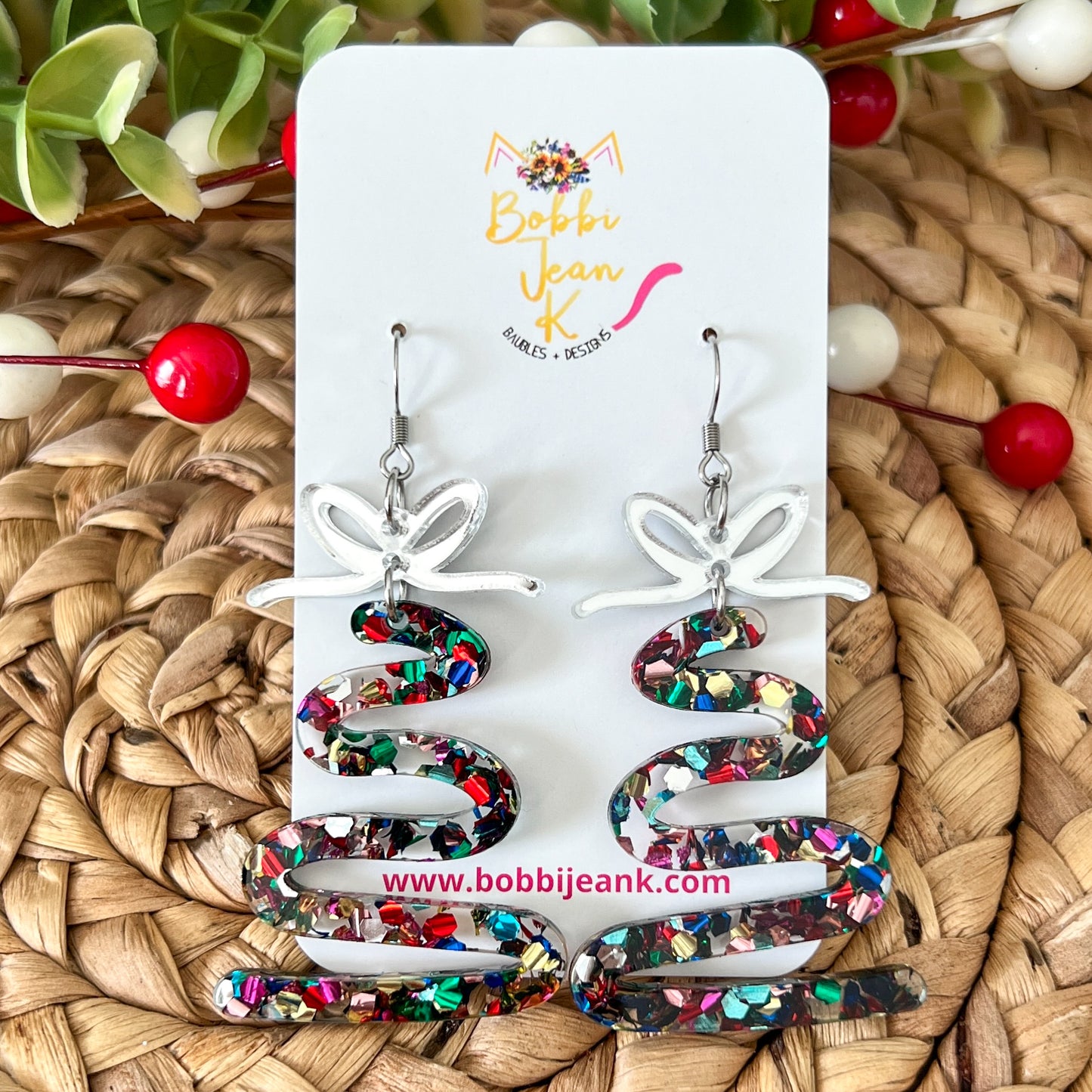 Confetti Bomb Glittered Acrylic Swirl Tree Earrings: Choose from 3 Bow Color Options - LAST CHANCE