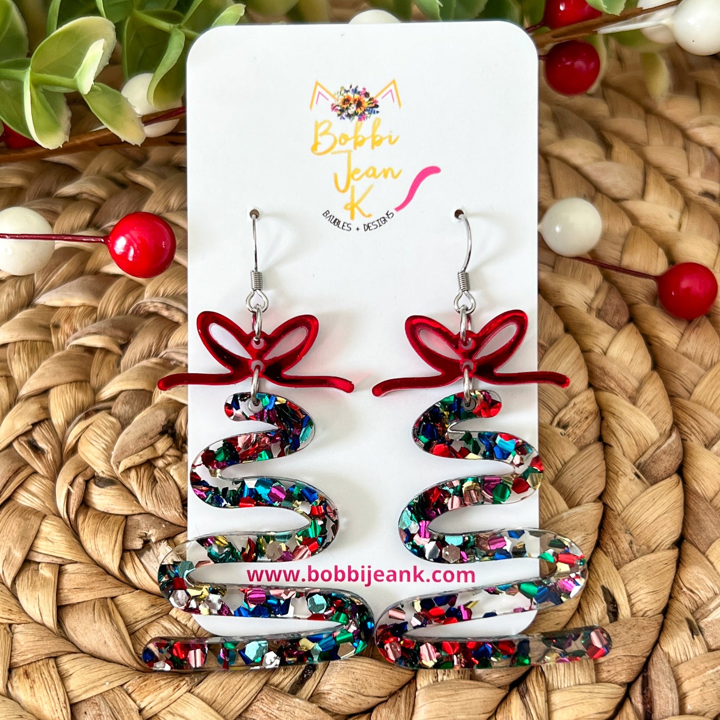 Confetti Bomb Glittered Acrylic Swirl Tree Earrings: Choose from 3 Bow Color Options - LAST CHANCE