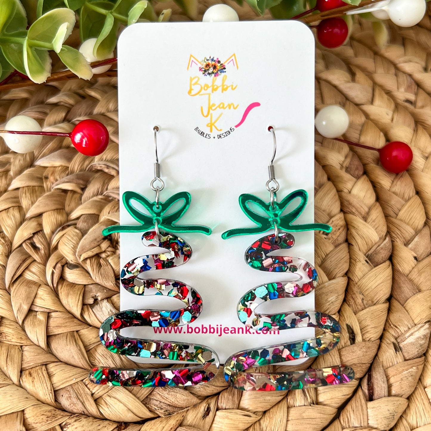 Confetti Bomb Glittered Acrylic Swirl Tree Earrings: Choose from 3 Bow Color Options - LAST CHANCE