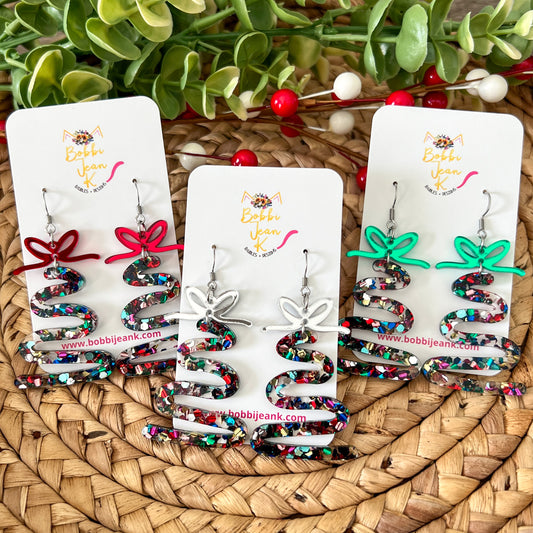 Confetti Bomb Glittered Acrylic Swirl Tree Earrings: Choose from 3 Bow Color Options - LAST CHANCE