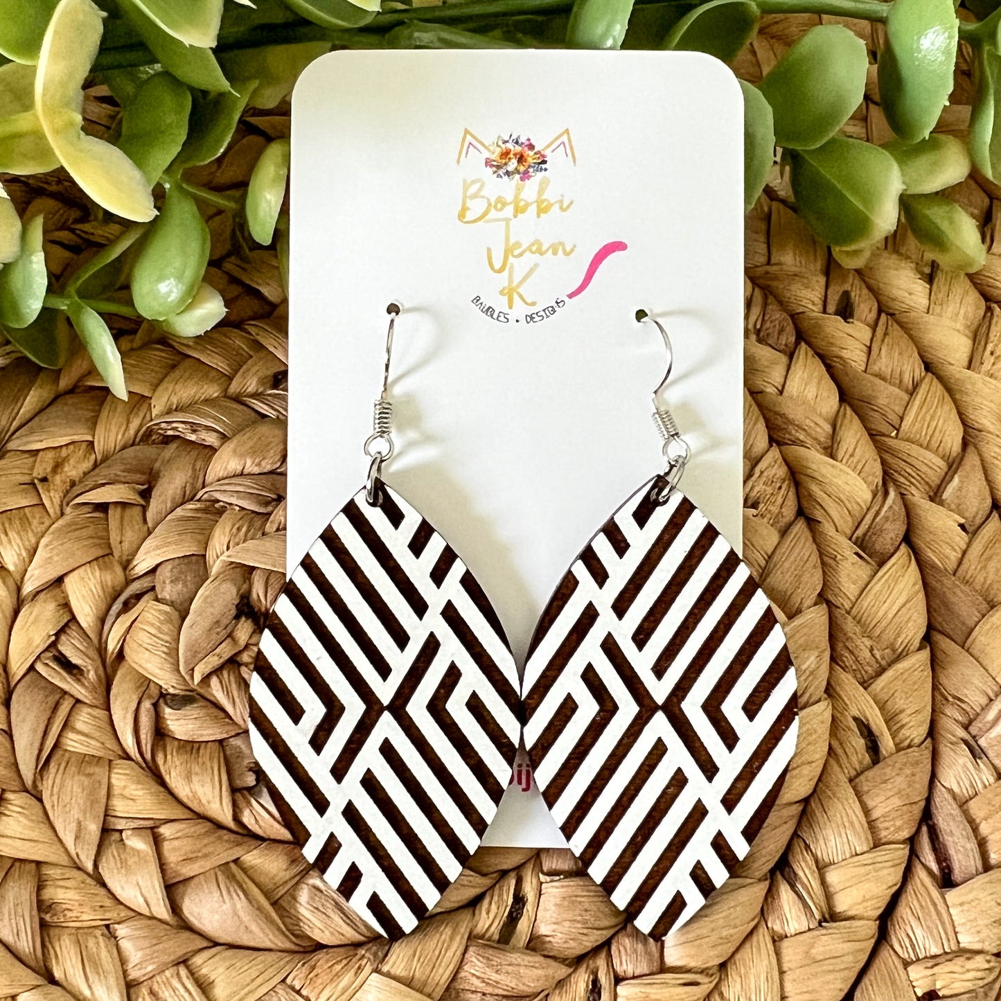 Hand Painted Geometric Leaf Wood Earrings: Choose From 3 Color Options