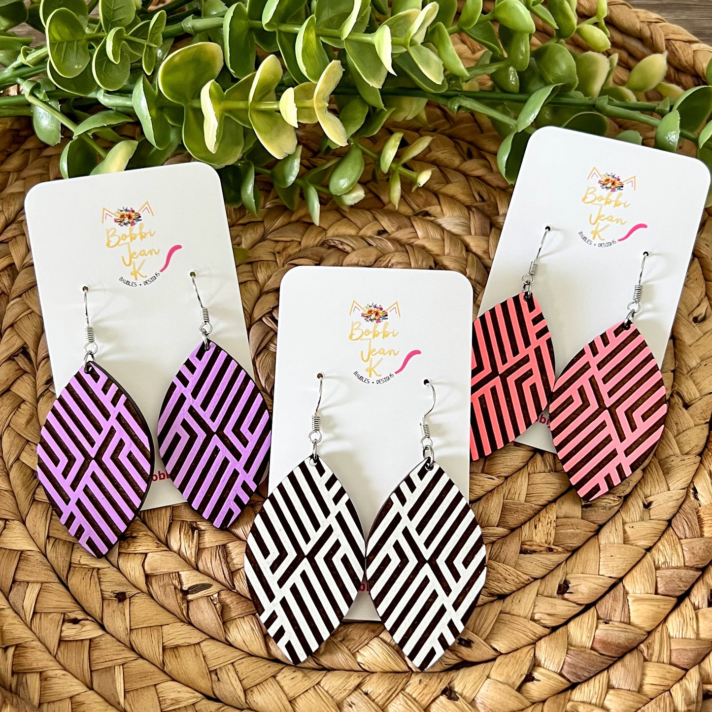 Hand Painted Geometric Leaf Wood Earrings: Choose From 3 Color Options
