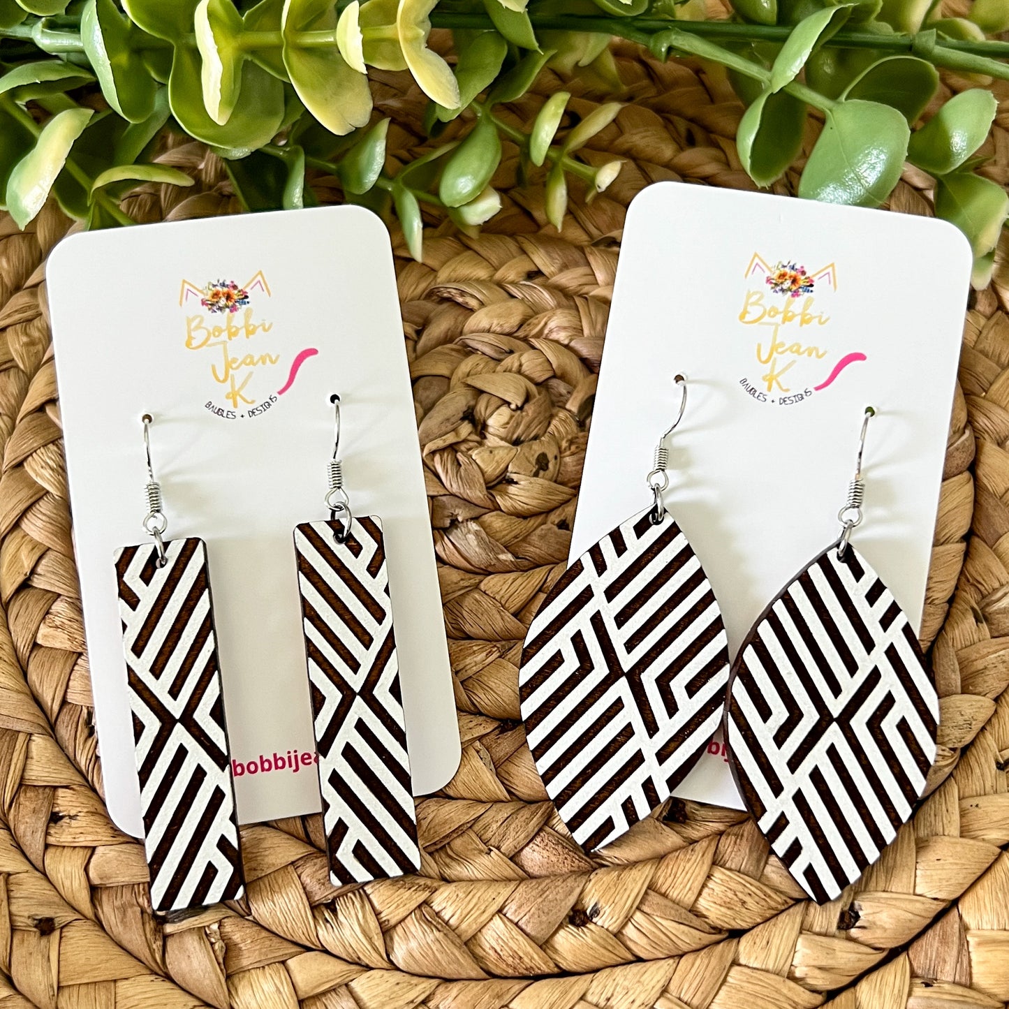 Hand Painted Geometric Leaf Wood Earrings: Choose From 3 Color Options