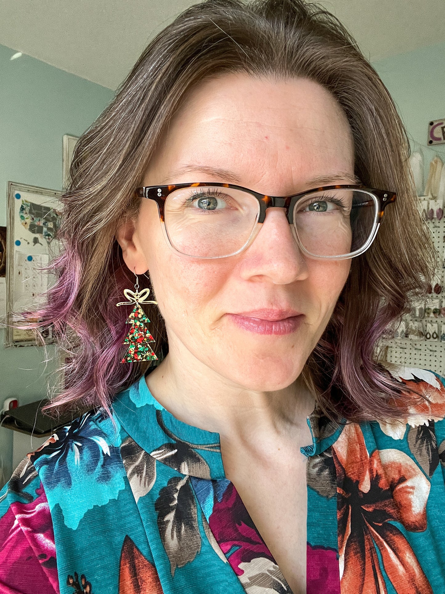 Holiday Cheer Glittered Acrylic Traditional Tree Earrings: Choose from 3 Bow Color Options